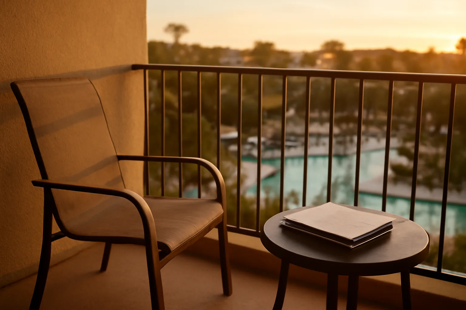 Empty resort condo balcony at sunset representing getting out of a WorldMark timeshare