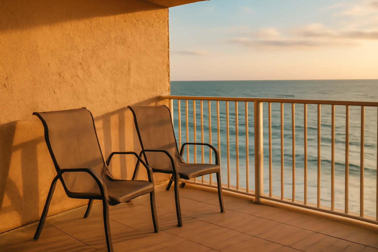 Empty balcony at a Florida timeshare resort overlooking the ocean at sunset
