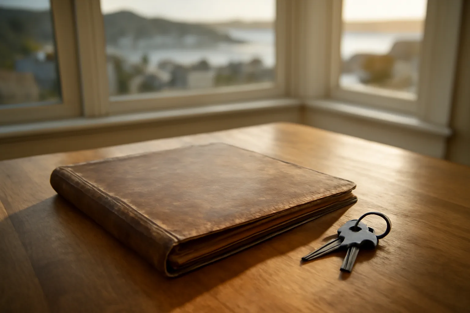 Timeshare contract papers and condo keys on a table, morning light, coastal view