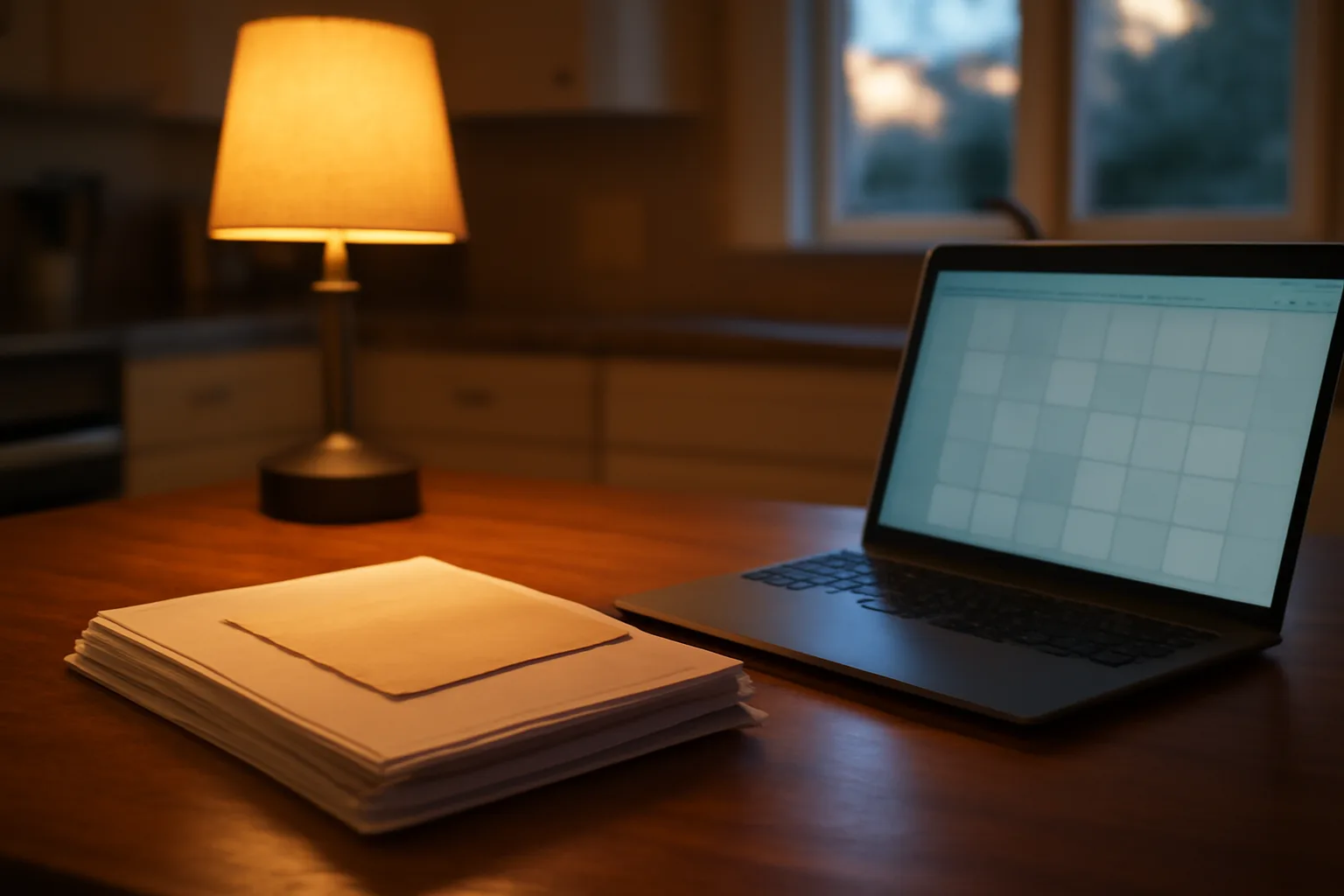 Timeshare contract papers and a certified mail receipt on a kitchen table at dusk