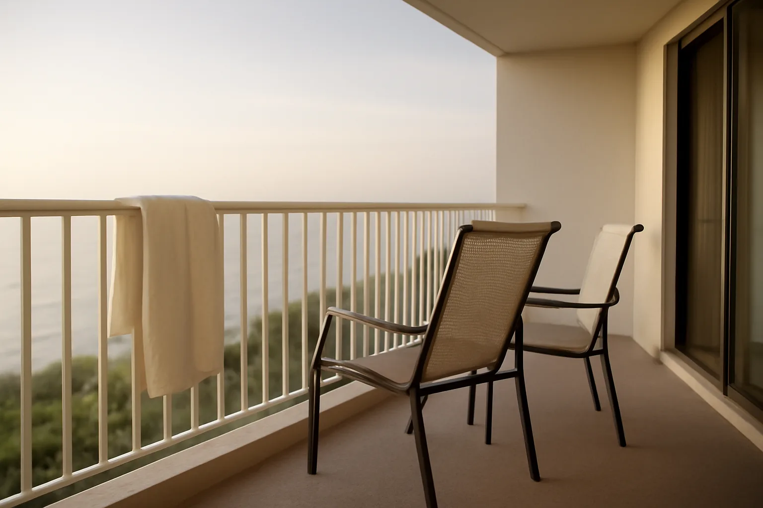 Empty timeshare resort balcony at dawn representing the search to get out of a timeshare