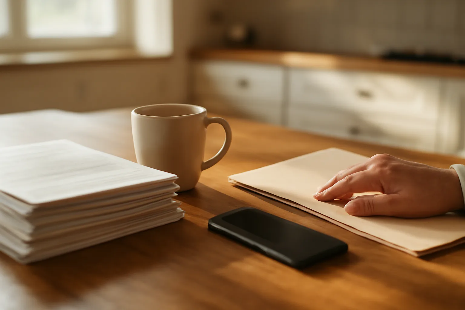 hand resting near paperwork and a phone while considering how to exit a timeshare