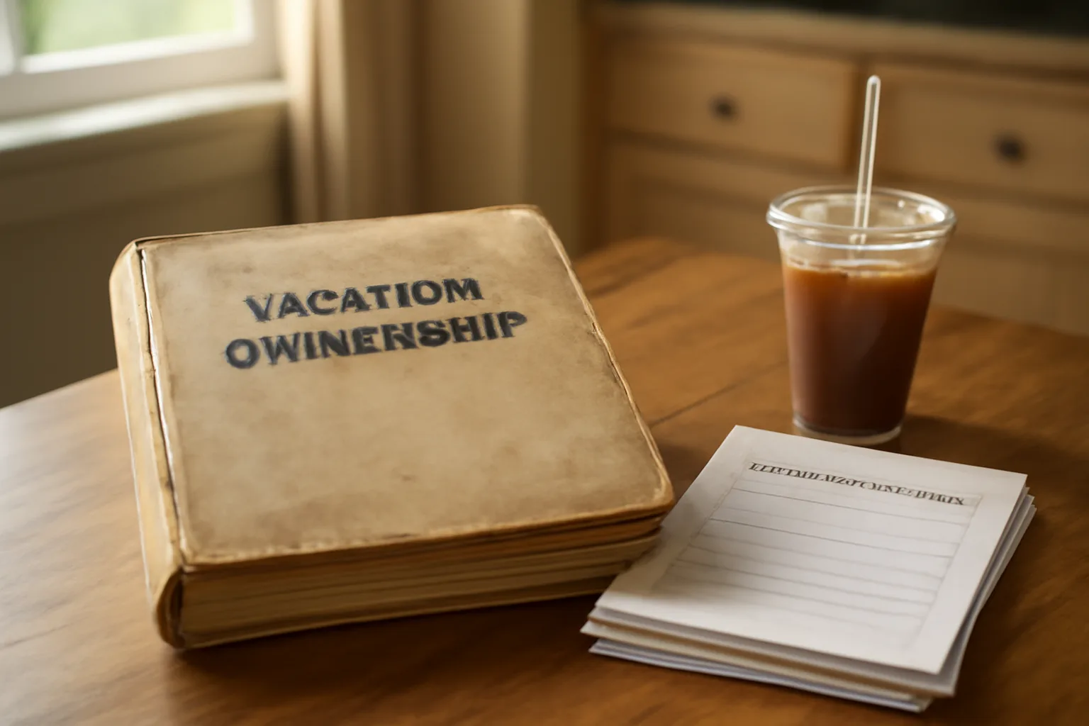 Timeshare paperwork and fee statements on a kitchen table in morning light