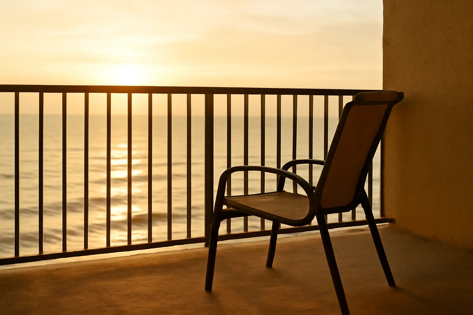 Empty resort balcony at sunrise, symbolizing an owner ready to get rid of a timeshare