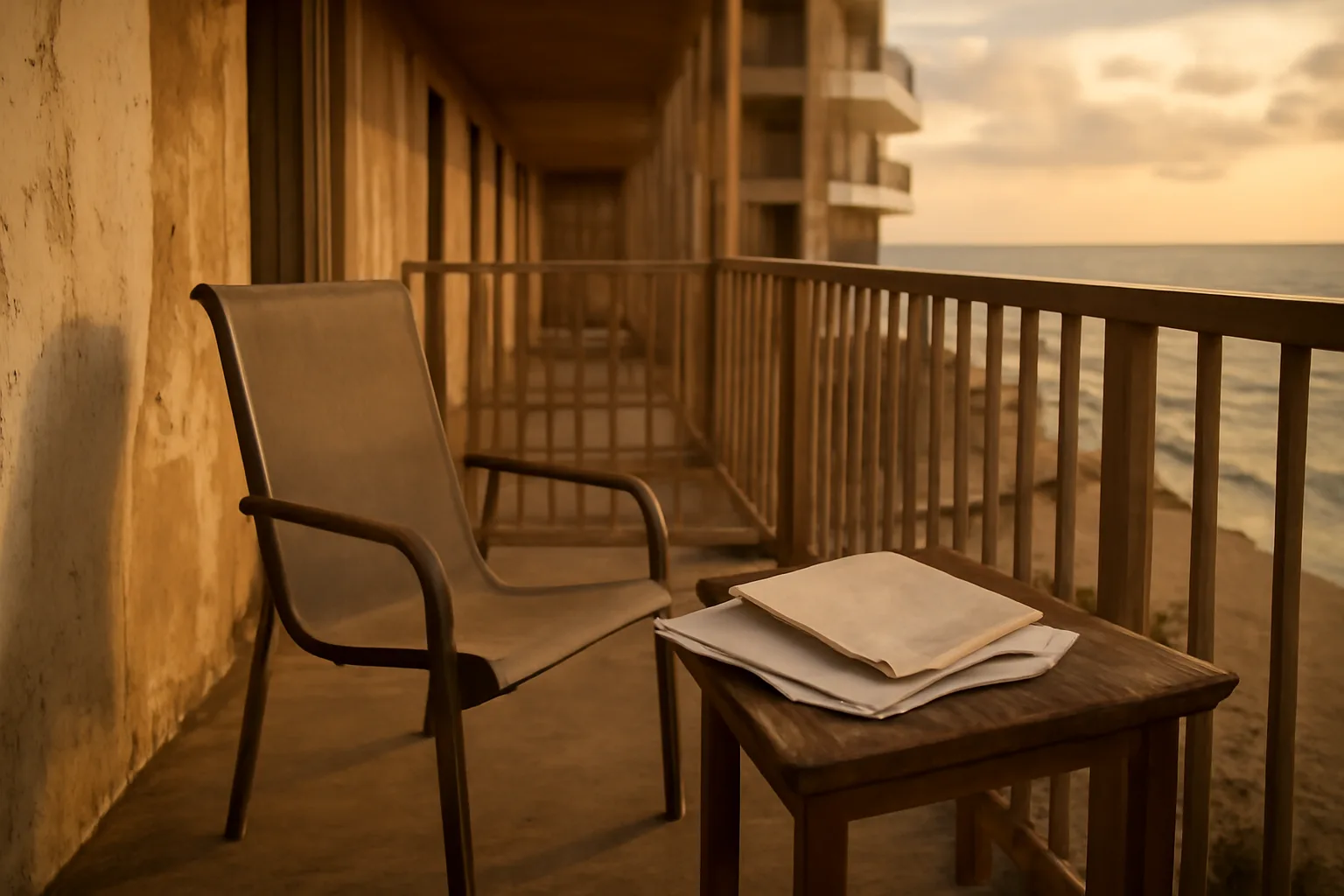 Empty resort balcony with paperwork on a table, symbolizing getting rid of a timeshare