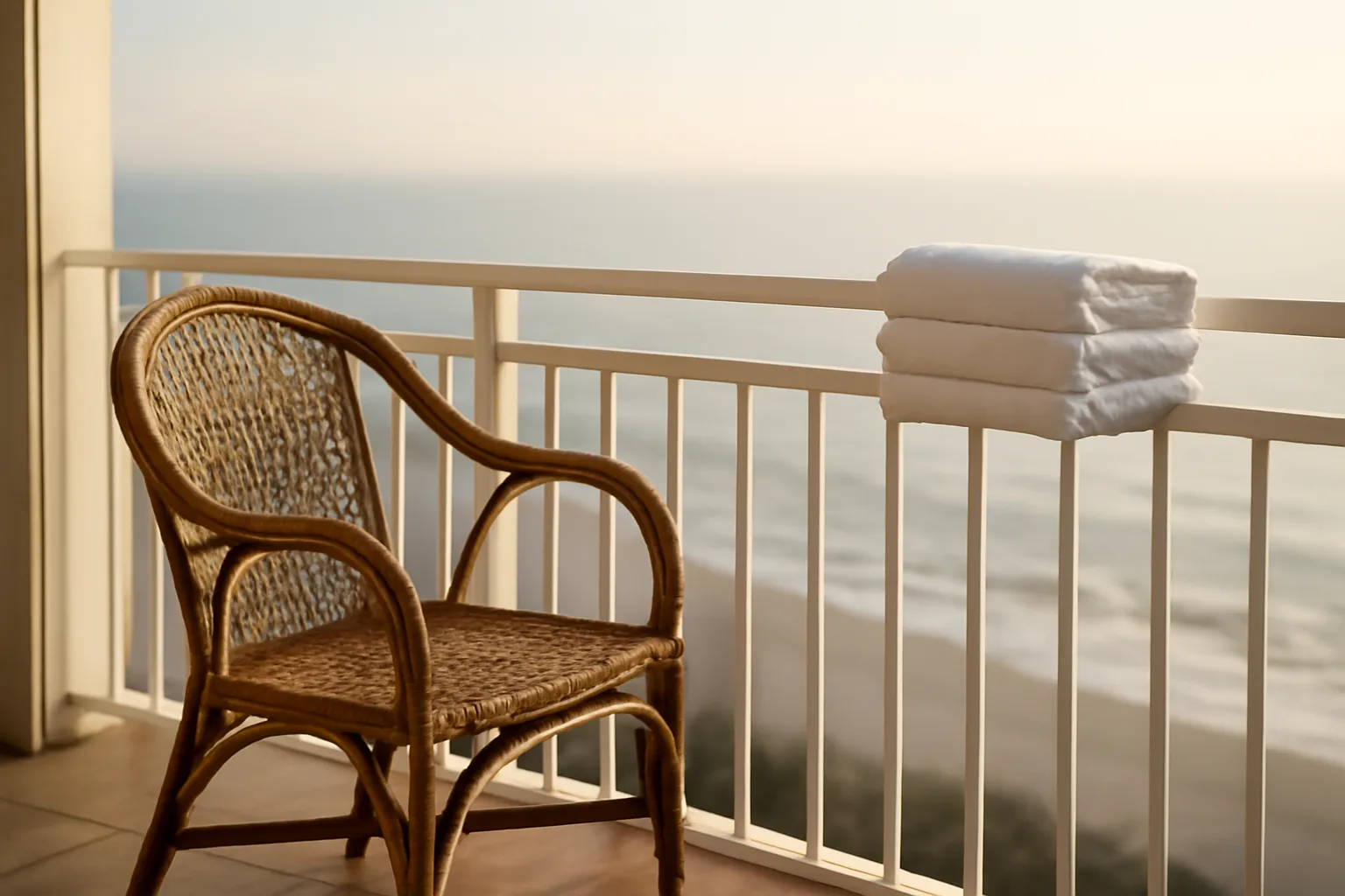 Empty balcony overlooking the ocean at a coastal timeshare resort at dawn
