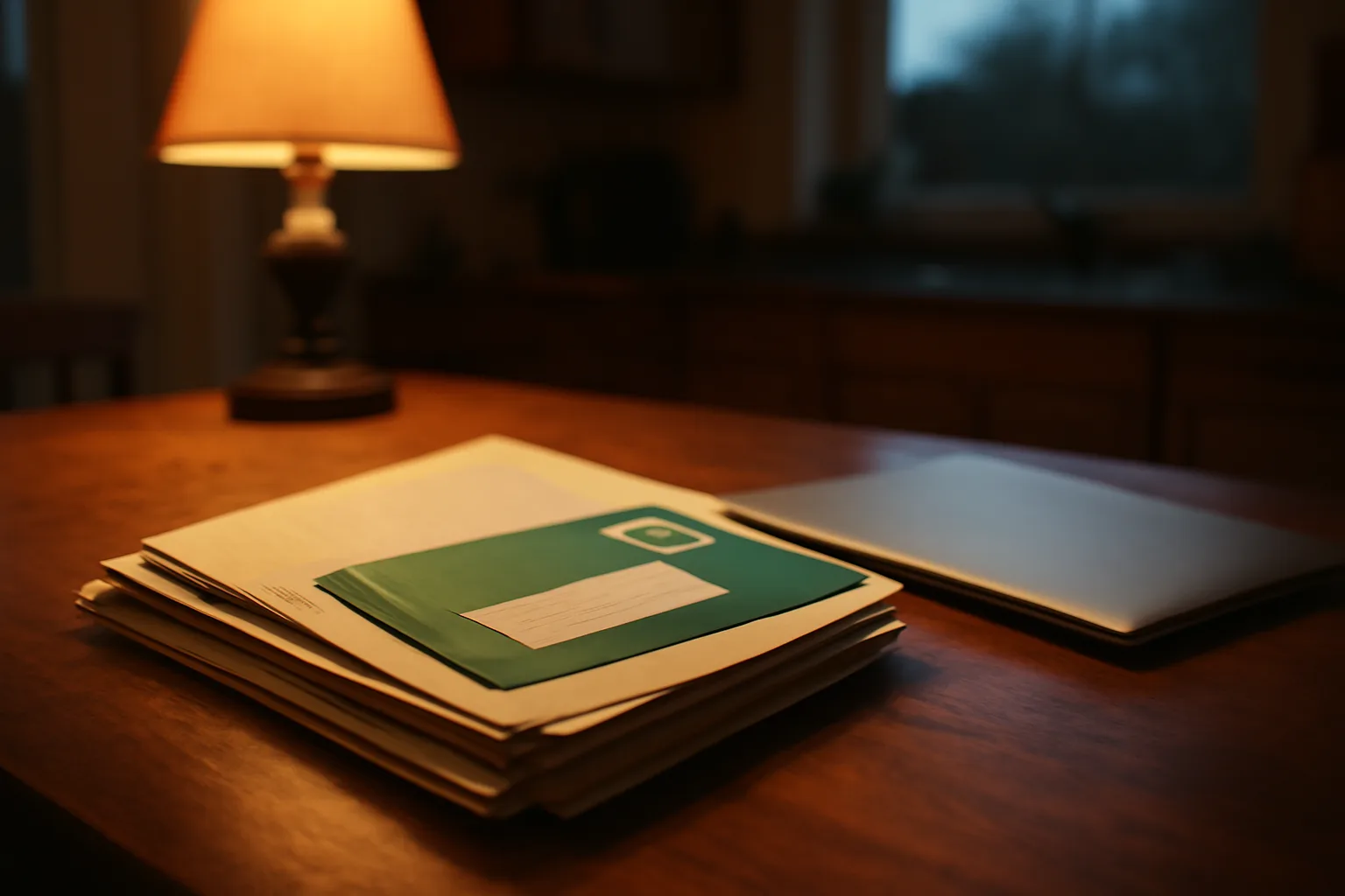 Kitchen table with mailed documents and a laptop representing a timeshare cancellation decision