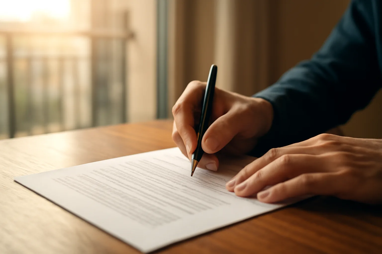 Hands signing a timeshare contract at a table near a sunlit balcony window
