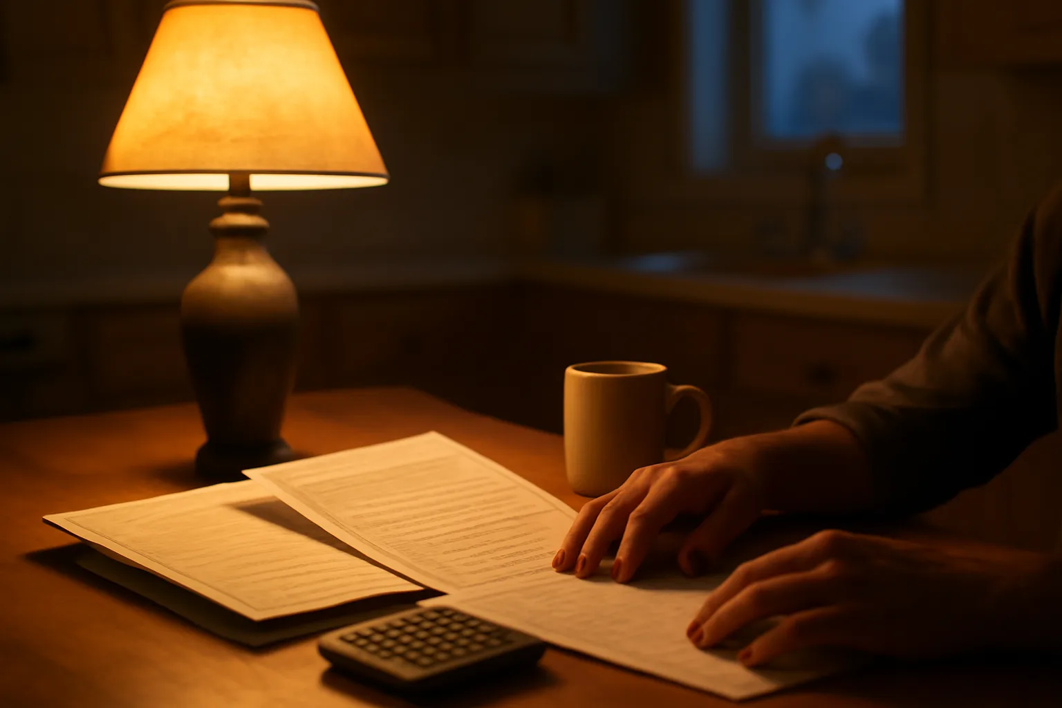 Hands reviewing paperwork and a calculator at a kitchen table about timeshare exit costs