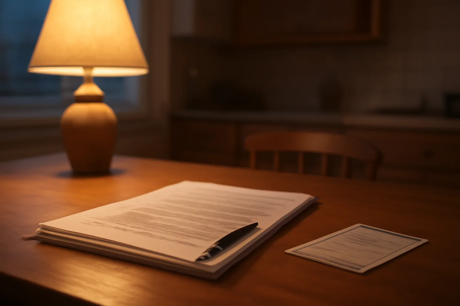 Contract papers and a pen on a kitchen table lit by lamp light