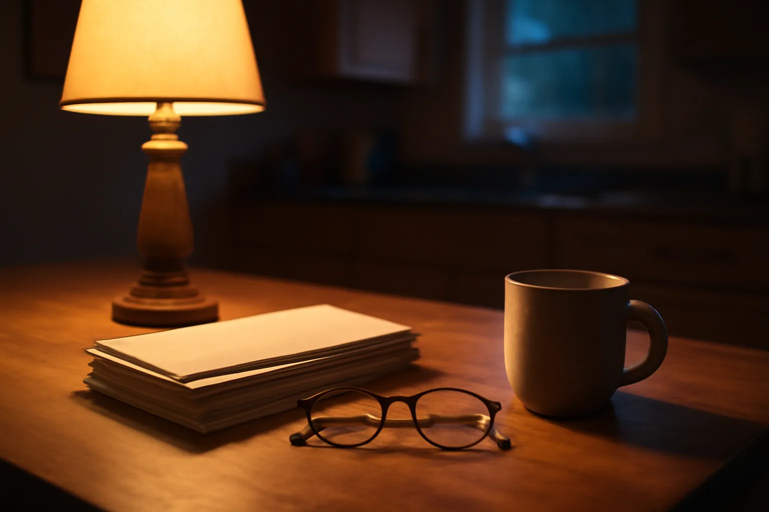 Kitchen table with mail and reading glasses, evoking timeshare mortgage decisions