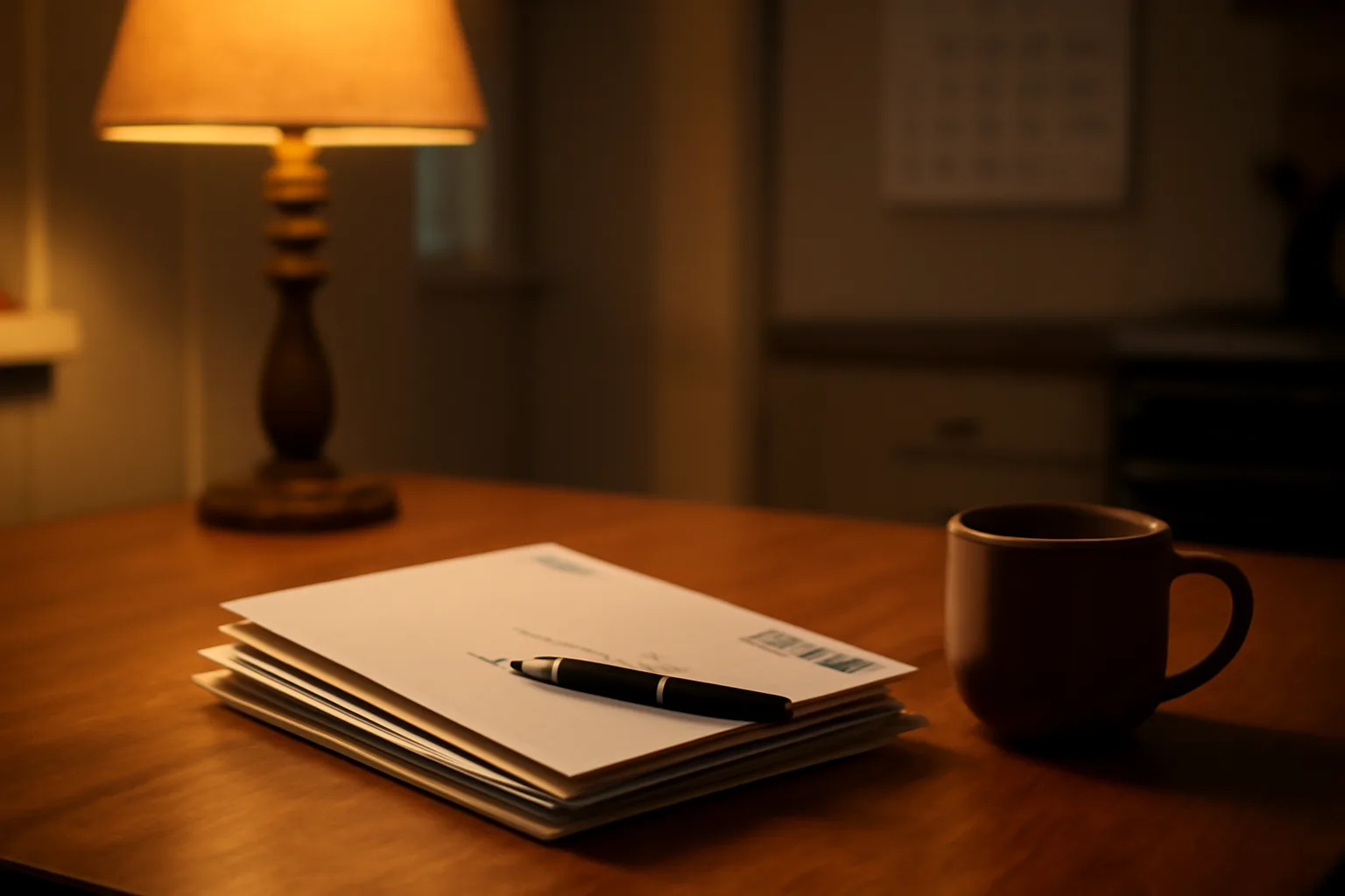 Certified mail envelopes and a pen on a kitchen table, preparing to cancel a timeshare purchase