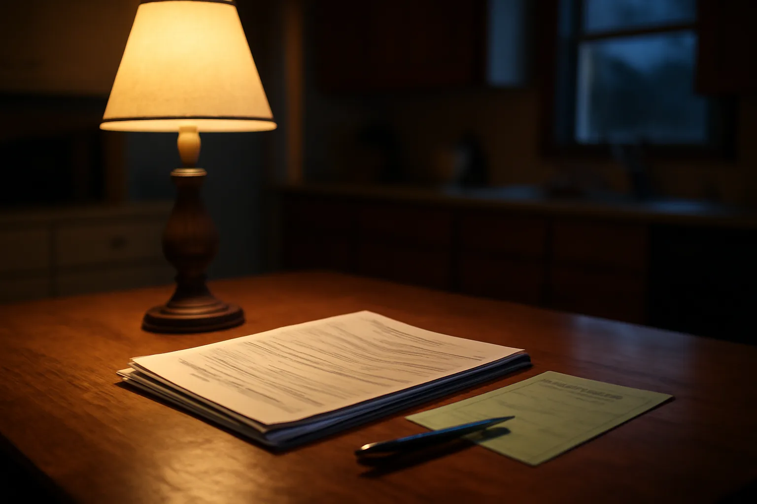 Contract papers and a certified mail receipt on a kitchen table at dusk