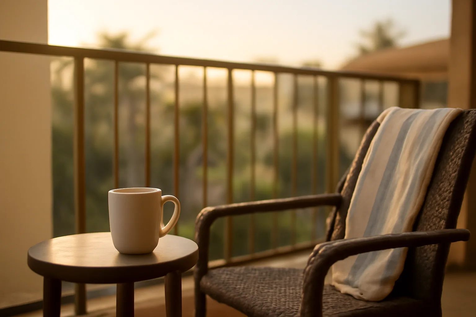 Empty resort balcony at sunrise suggesting a timeshare owner weighing an exit decision
