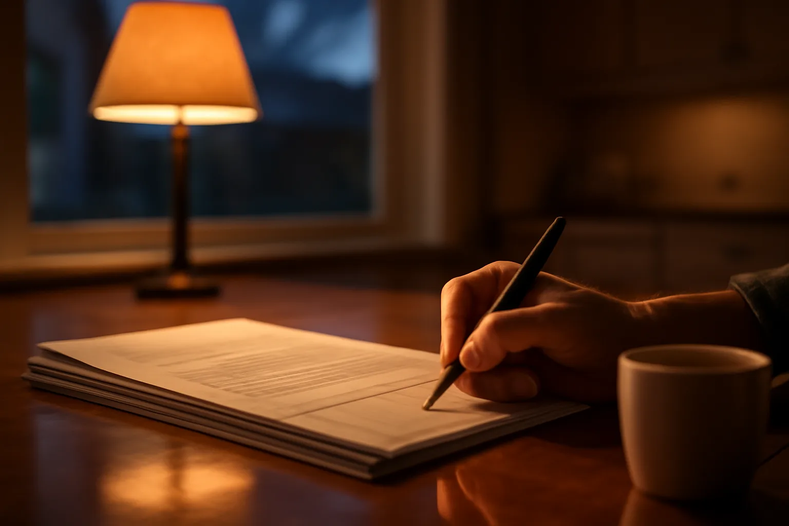Homeowner reviewing timeshare contract paperwork at a kitchen table in evening light