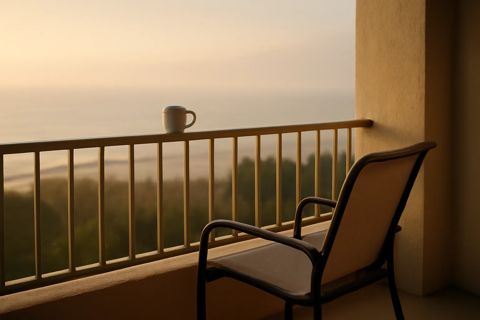 Empty resort balcony at sunrise evoking a timeshare owner reconsidering their contract