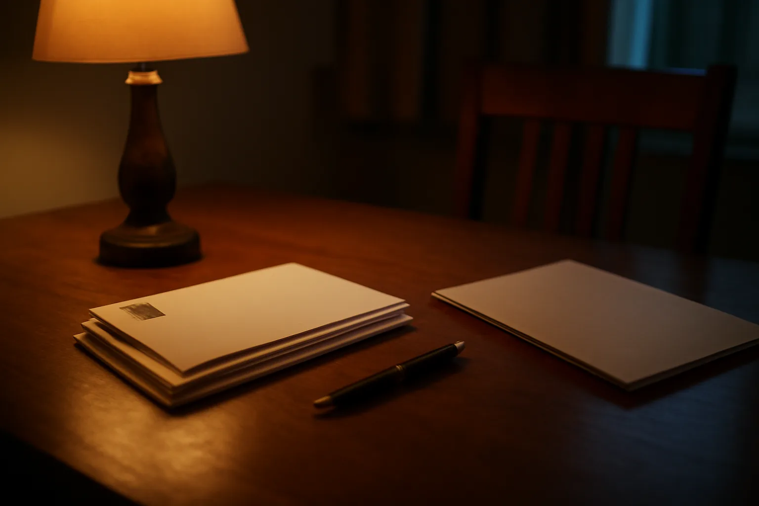 Certified mail envelopes and a pen on a kitchen table at dusk