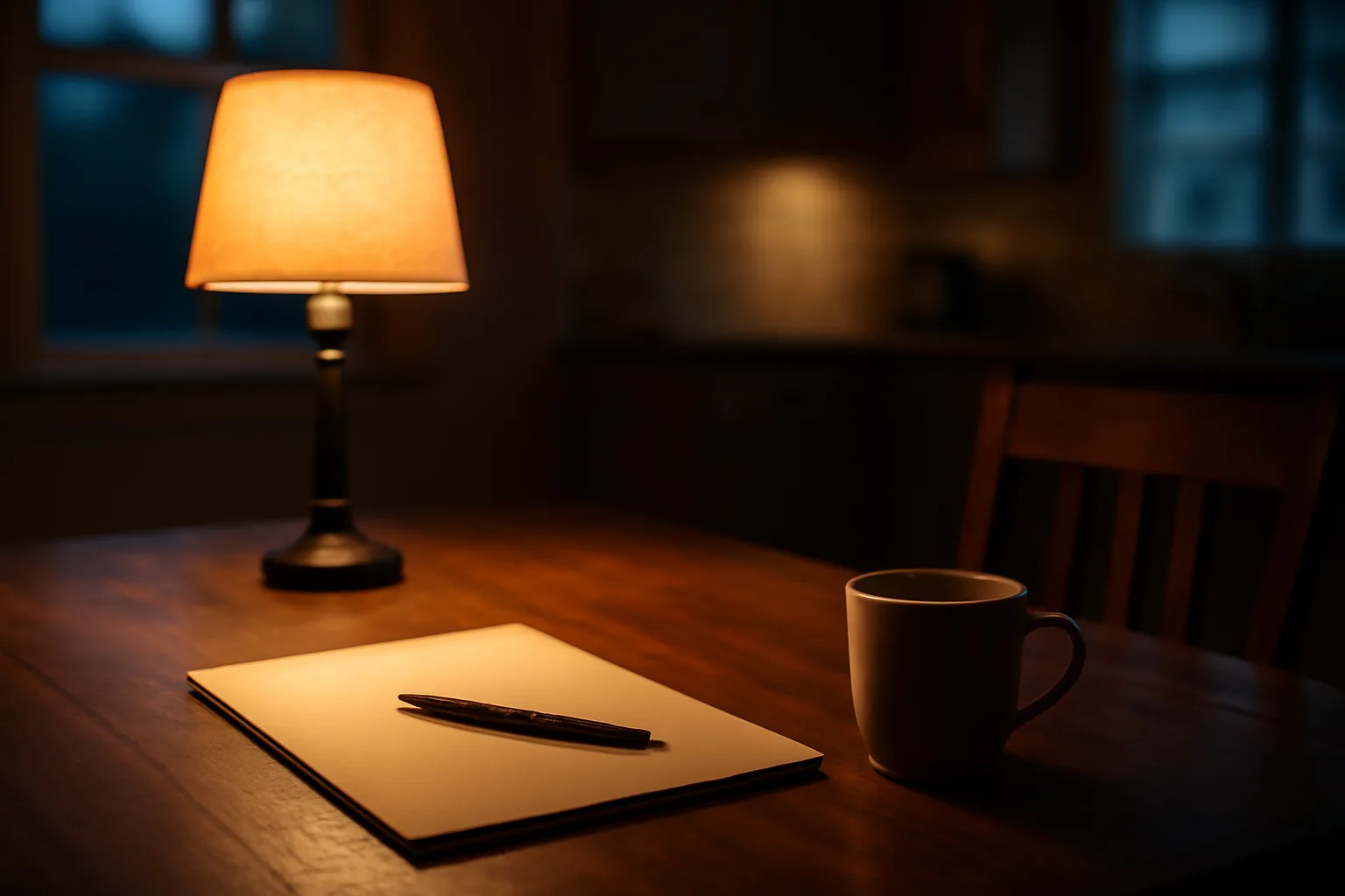 Lamp-lit kitchen table with pen and folder, evoking canceling a timeshare contract at home