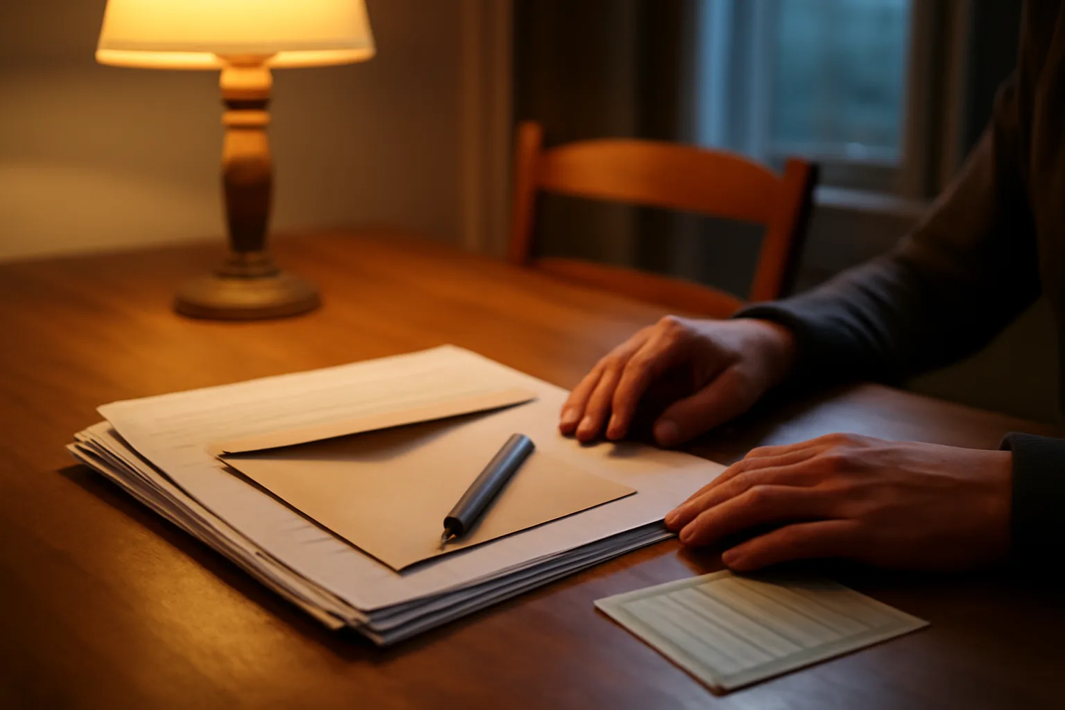 Hands resting near timeshare contract papers and a certified mail receipt on a table