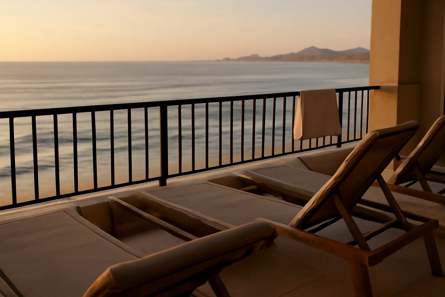 Empty beachfront resort balcony at sunrise, evoking a Pueblo Bonito timeshare property