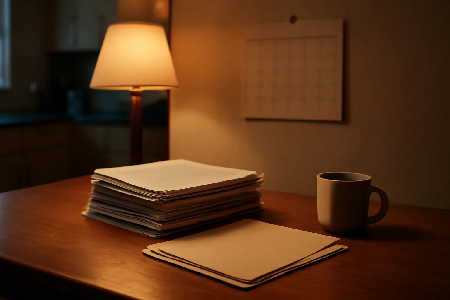 Kitchen table with timeshare paperwork and folder under warm lamp light