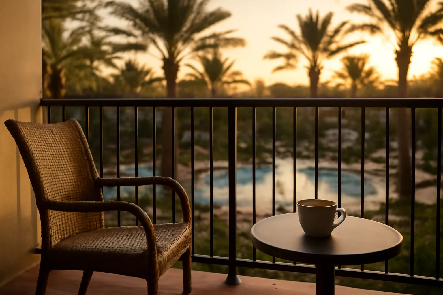 Empty resort balcony at sunset representing a timeshare owner weighing their exit options