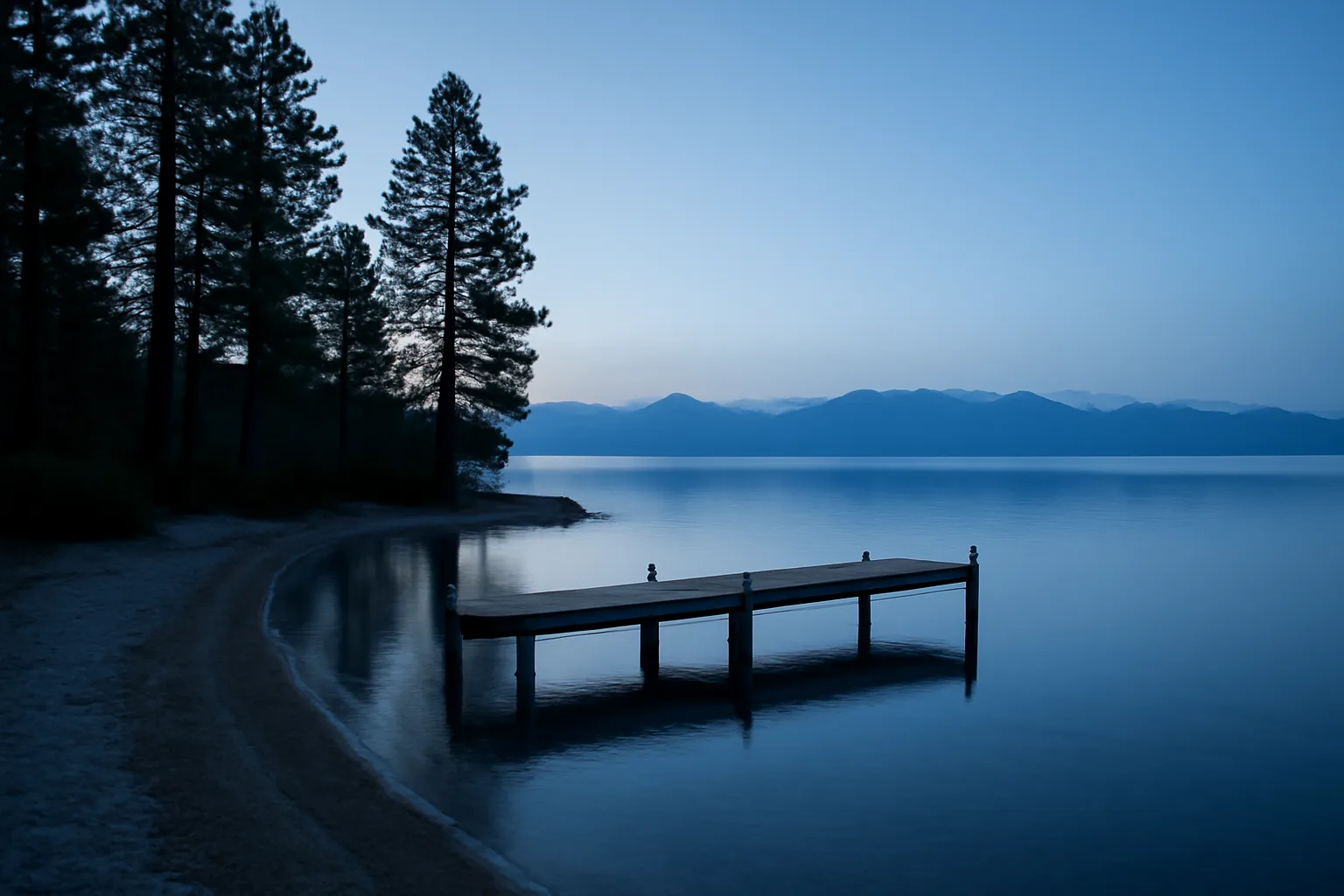 Lake Tahoe shoreline at dawn near a timeshare resort area