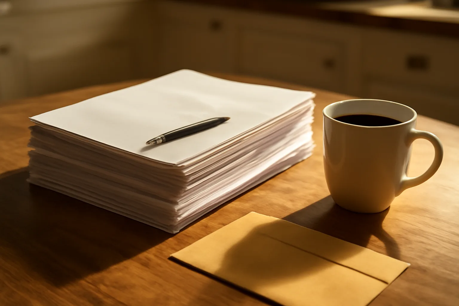 Documents and coffee on a kitchen table while a homeowner reviews a timeshare cancellation letter