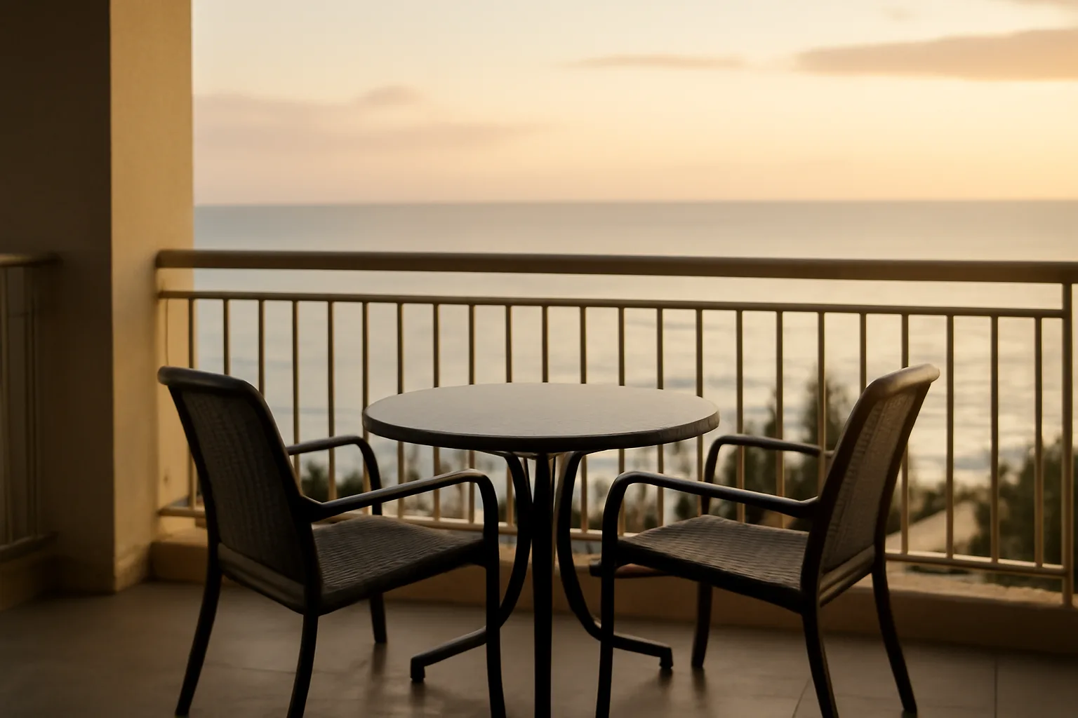 Empty resort balcony at sunrise, evoking a timeshare owner reconsidering their purchase