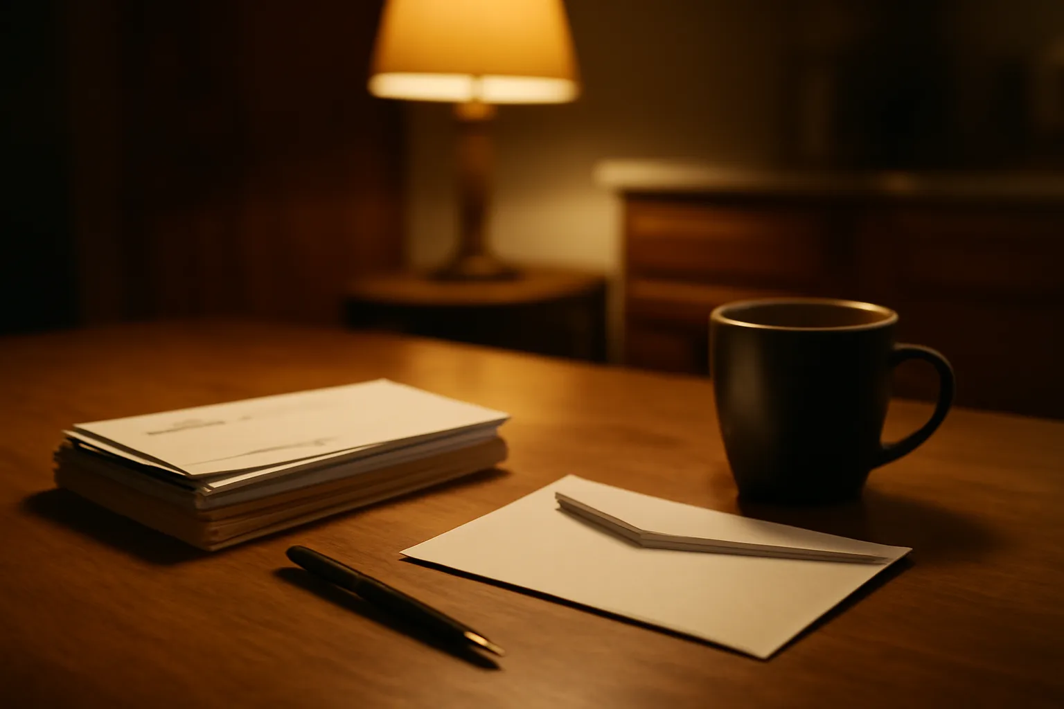 Kitchen table at night with mail and a pen, representing timeshare mortgage paperwork