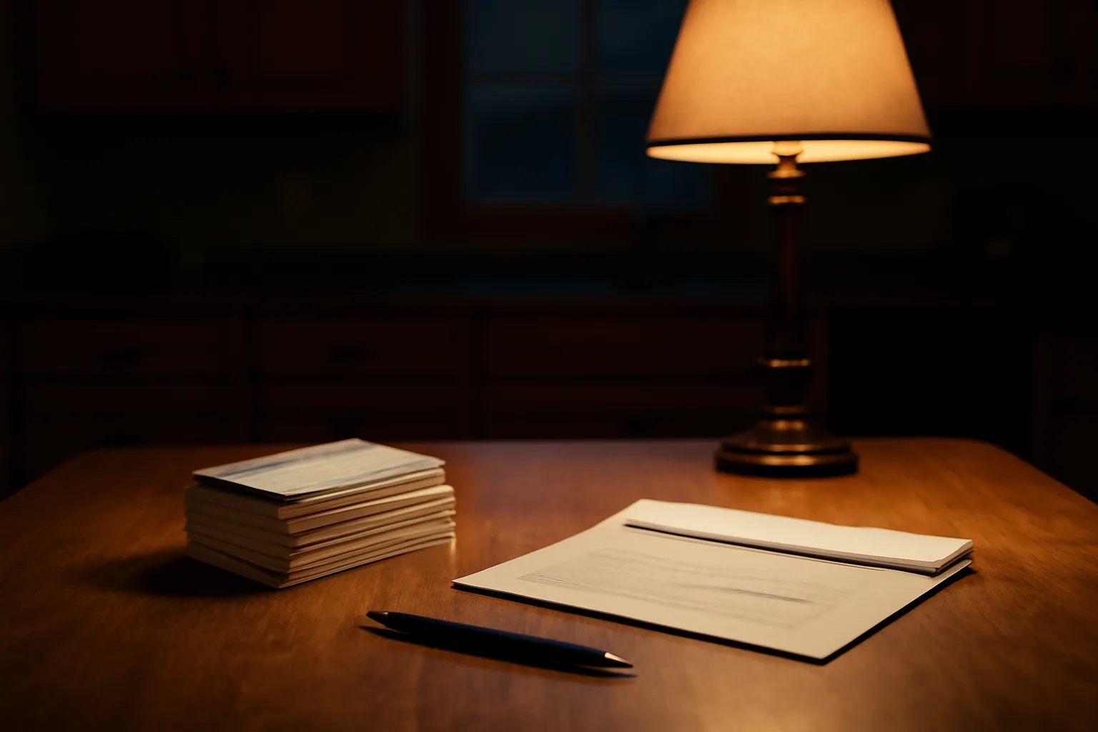 Kitchen table with mail receipts and pen, representing how to cancel timeshare paperwork at home