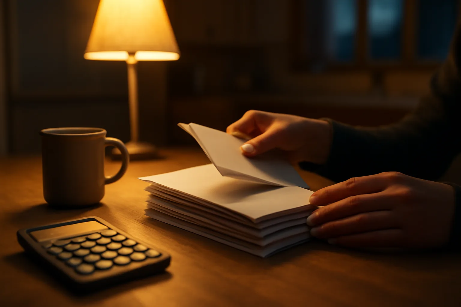 Hands sorting mail at a kitchen table while considering how to cancel timeshare payments