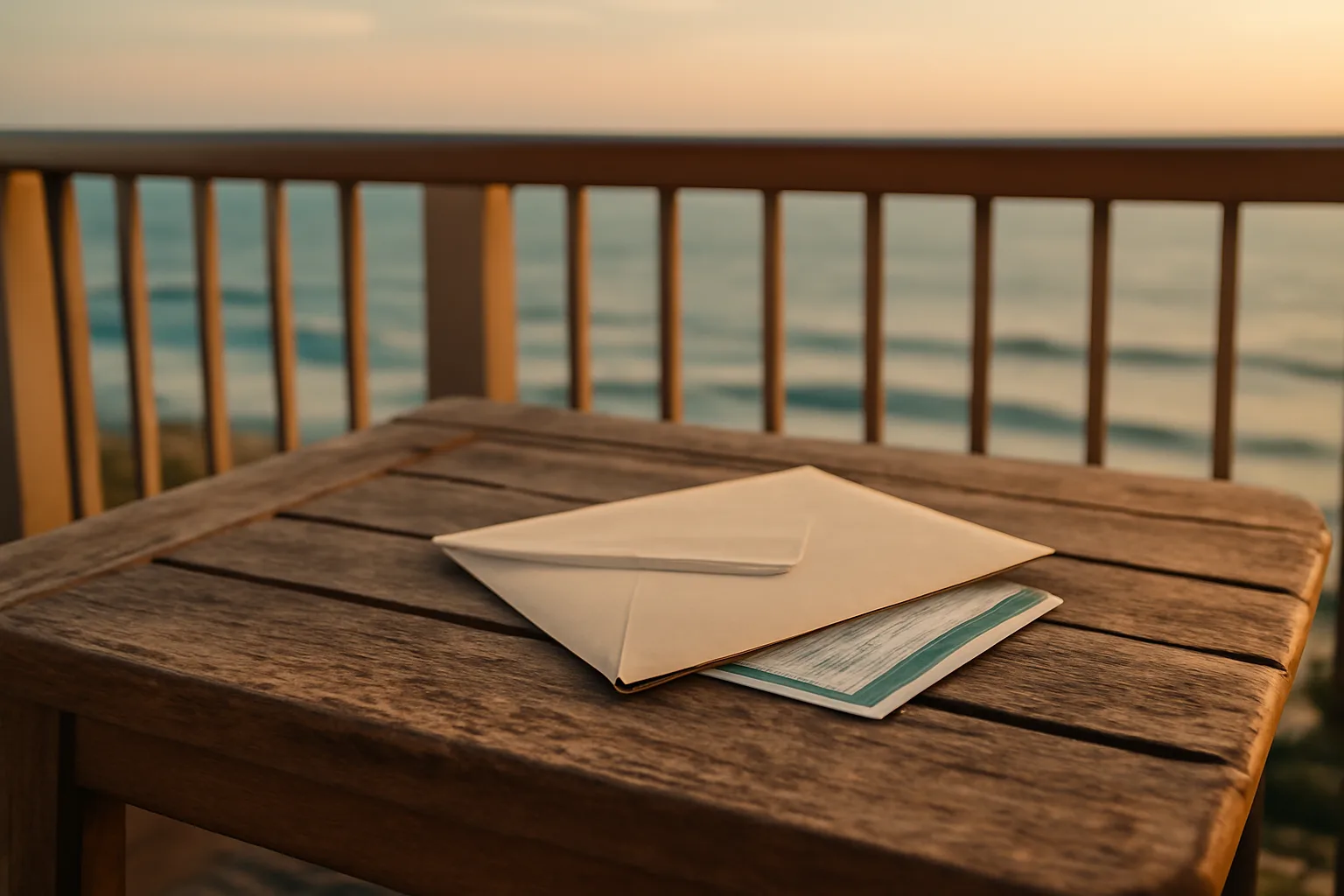 Certified mail envelope on a porch table, representing sending a timeshare cancellation letter