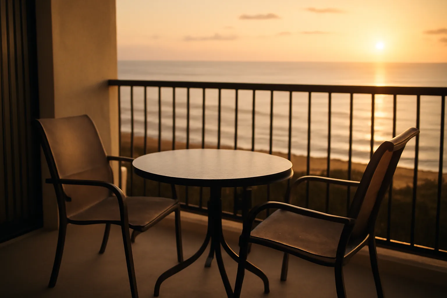 Empty resort balcony at sunset representing a timeshare owner weighing cancellation options