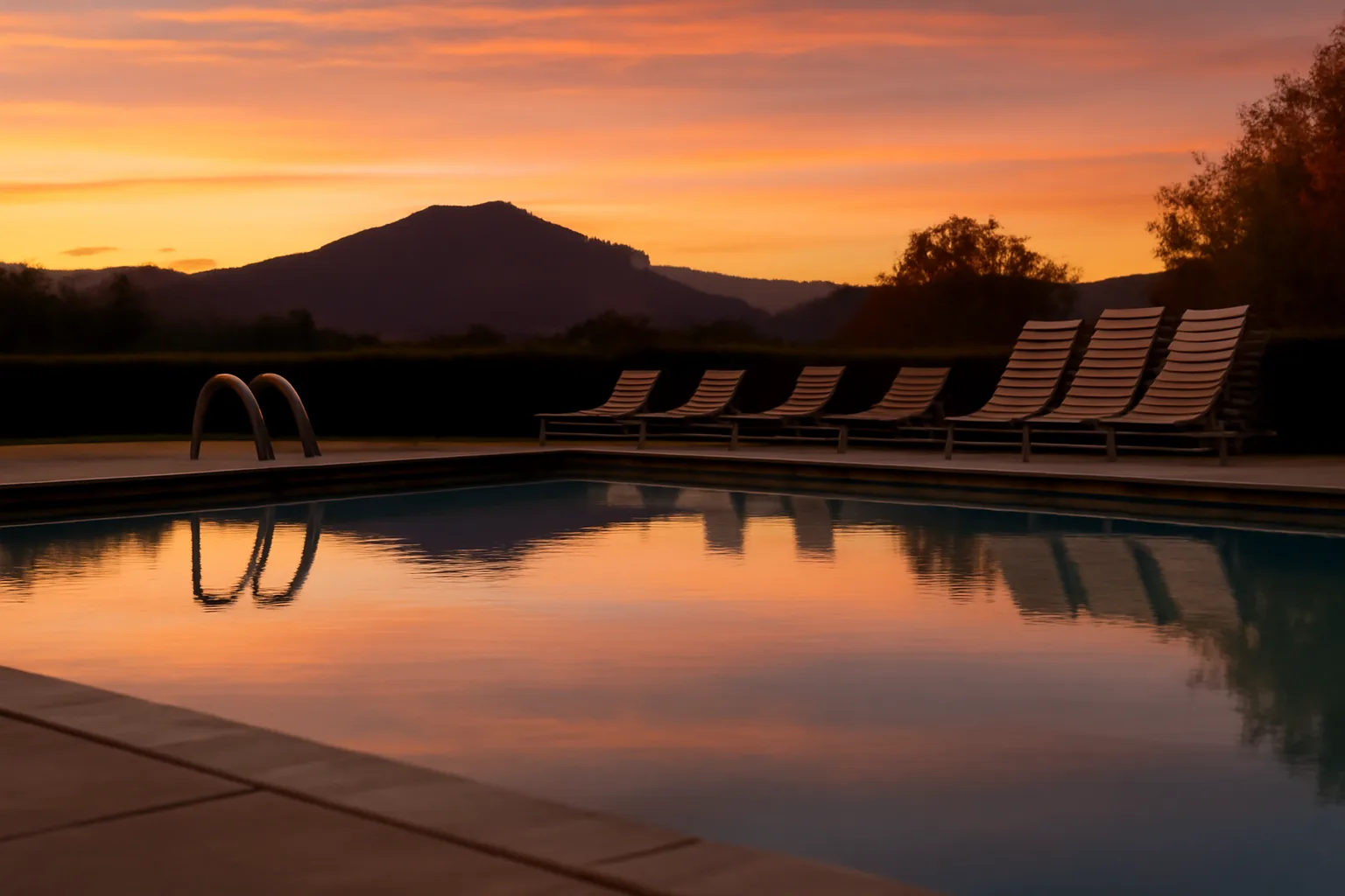 Closed resort pool at twilight reflecting Vacation Village timeshare cancellation decisions