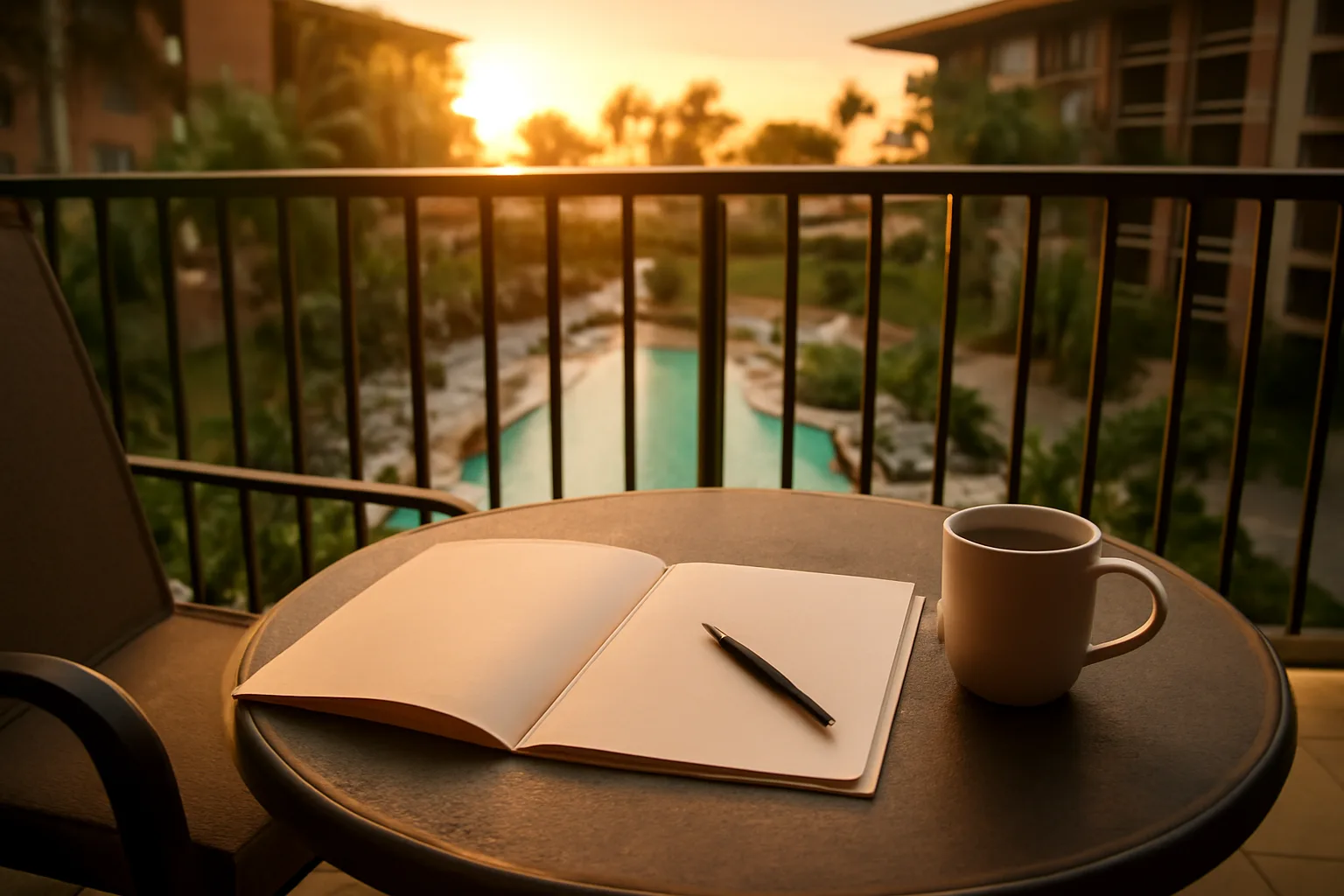 Resort balcony table with paperwork and coffee, representing canceling a Westgate timeshare contract