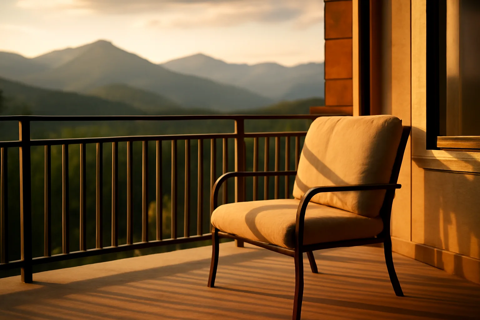 Empty resort condo balcony at sunset representing a WorldMark timeshare owner considering an exit