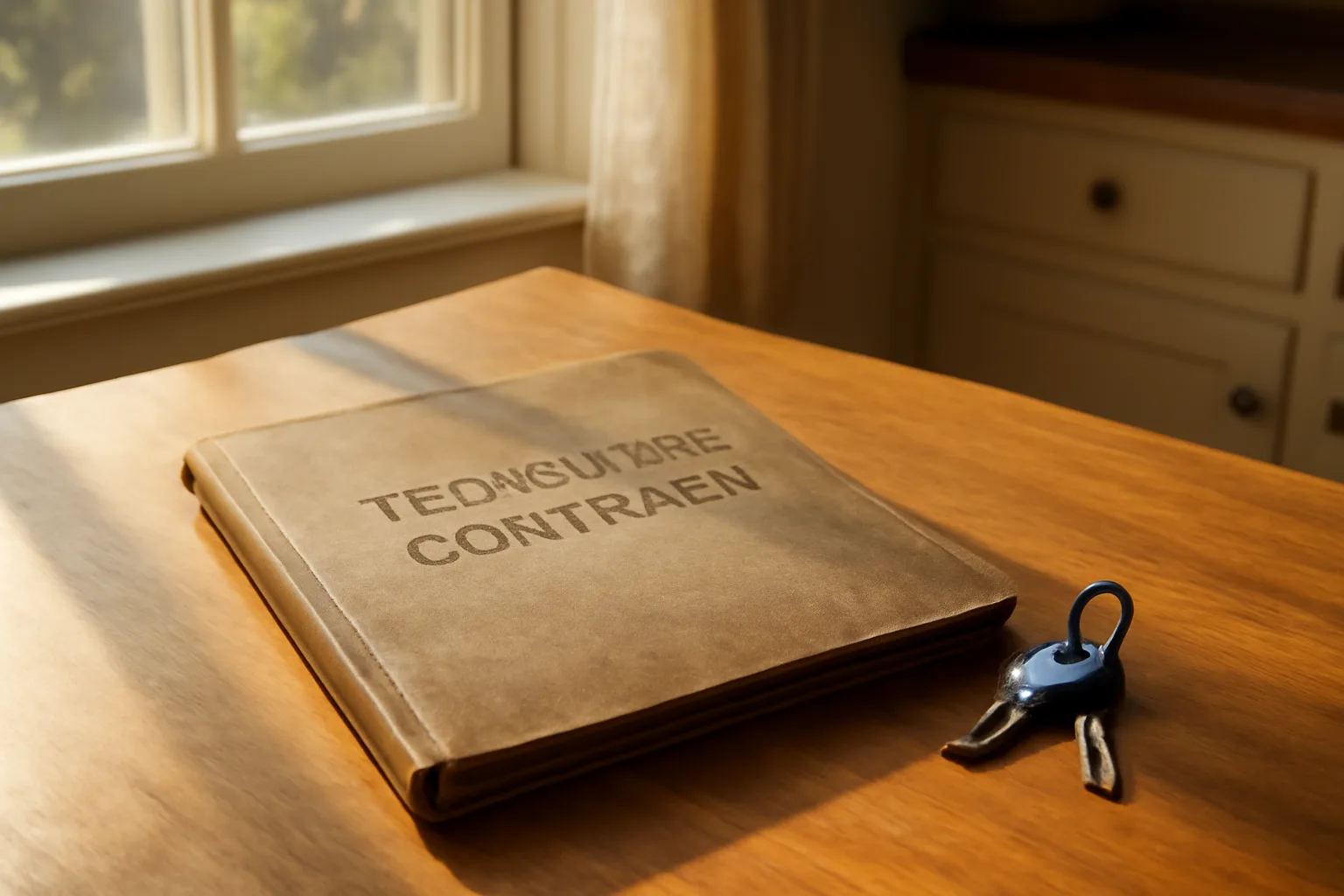 Timeshare contract folder and keys on a kitchen table in morning light