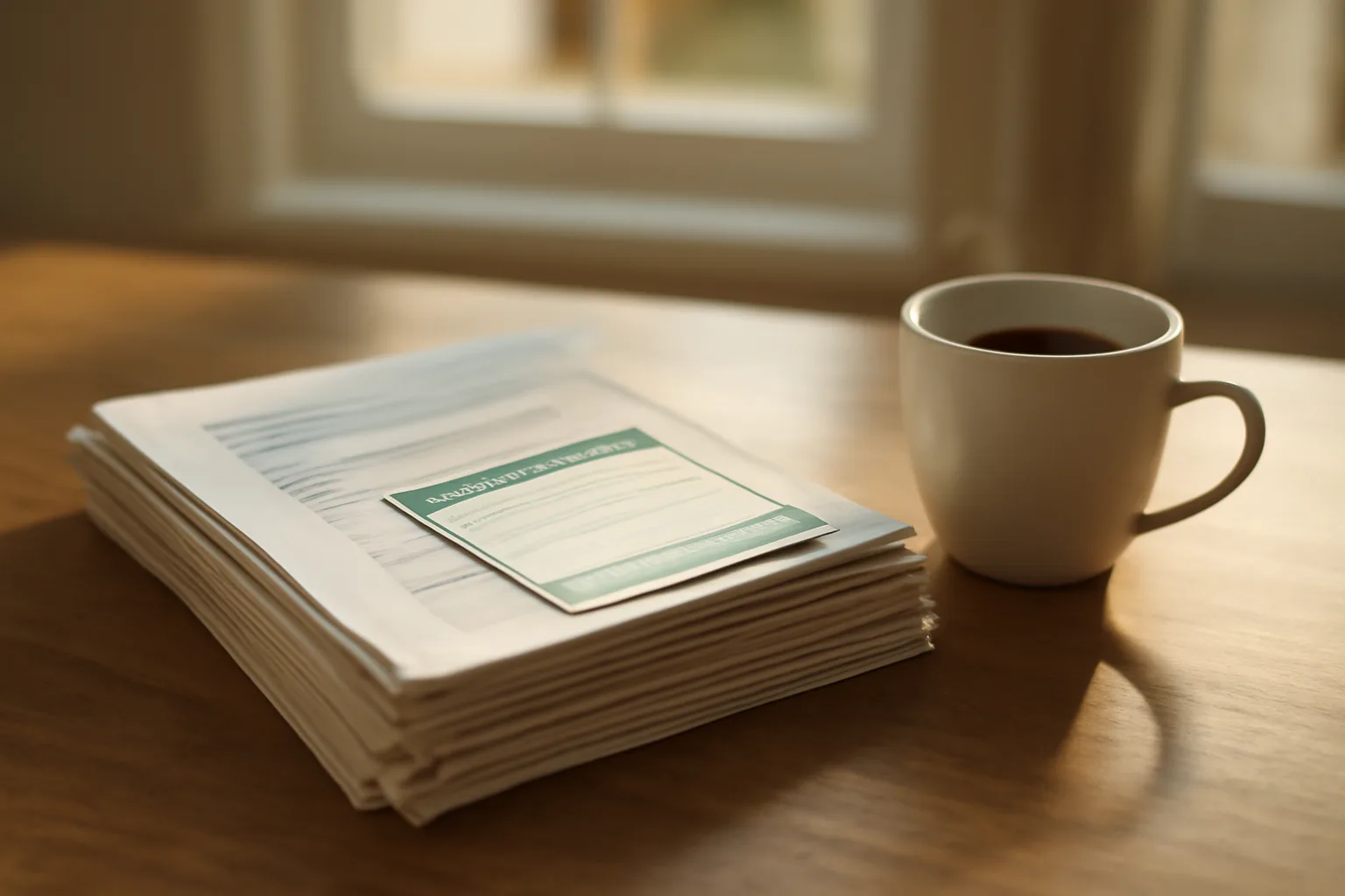 Timeshare paperwork and certified mail receipt on a kitchen table in morning light