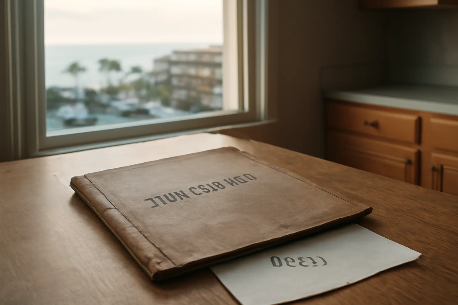 Timeshare contract papers on a table with a coastal resort visible through the window