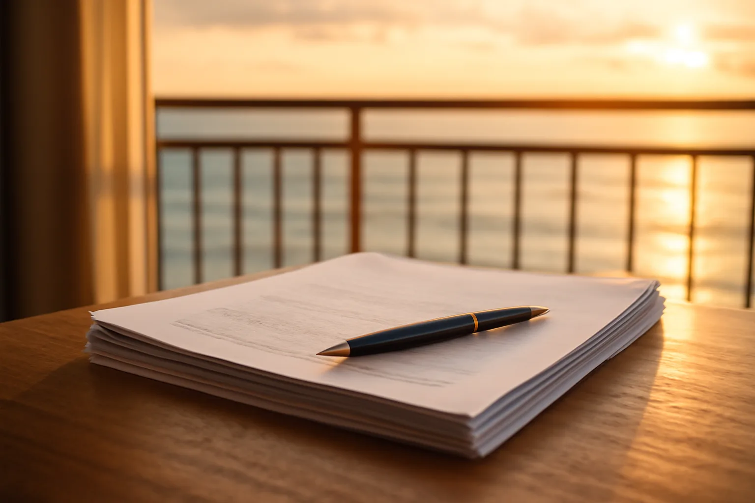 Contract papers and pen on a desk beside an ocean-view hotel balcony at sunset