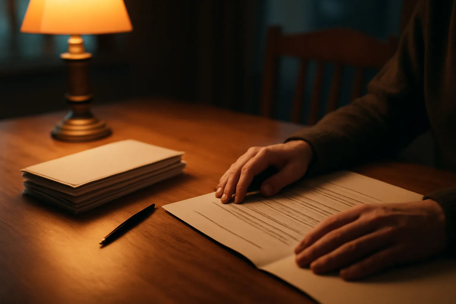 Hands resting near mailed documents on a table, representing sending a timeshare cancellation letter
