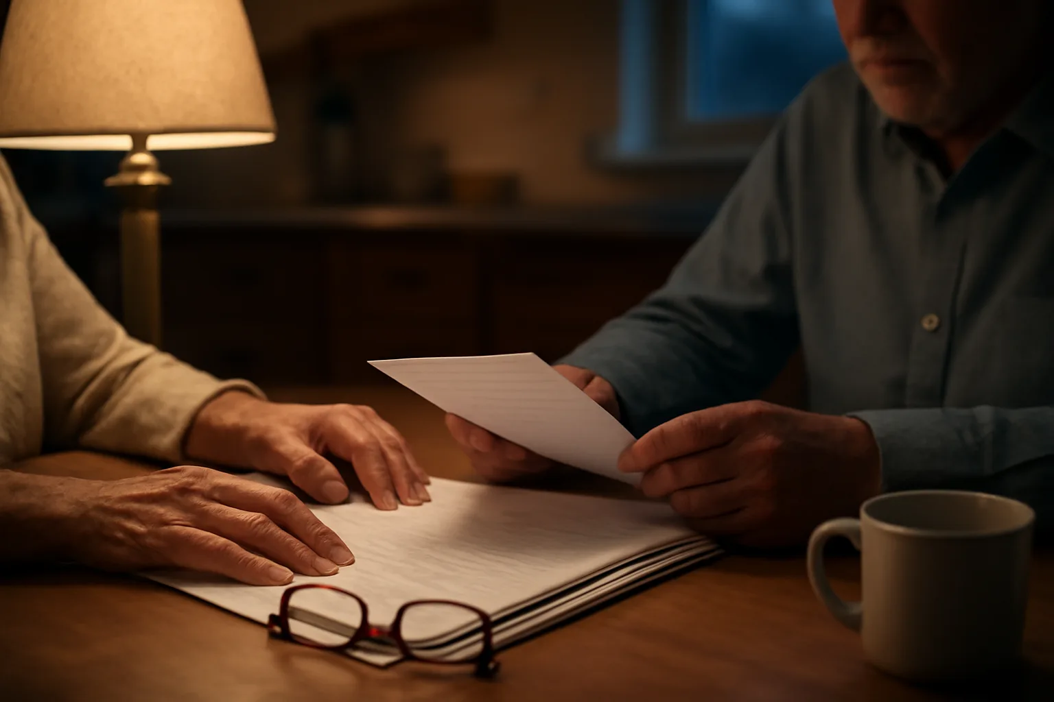 Family reviewing timeshare paperwork together at a kitchen table in evening light