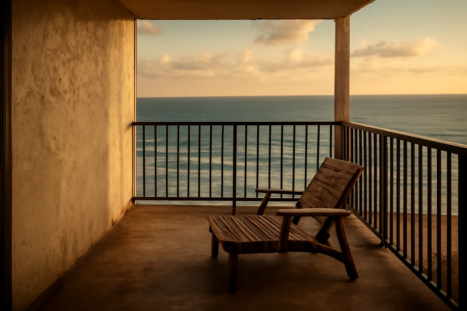 Empty balcony at a Florida timeshare resort overlooking the ocean at sunset