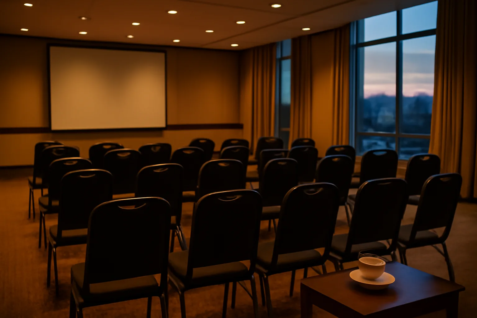Empty timeshare sales presentation room with chairs facing a blank screen