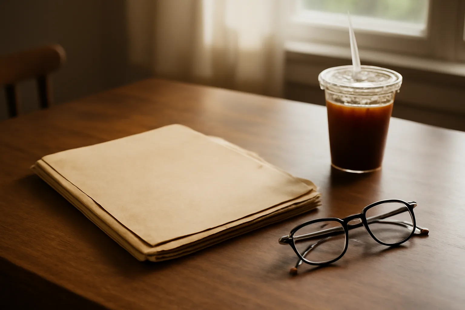 Kitchen table scene with property documents, glasses, and coffee representing a timeshare exit decision
