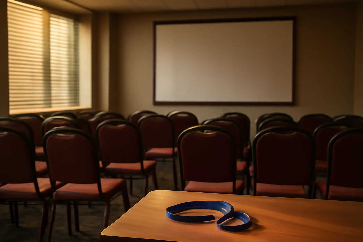 Empty timeshare sales presentation room with chairs and a blank screen