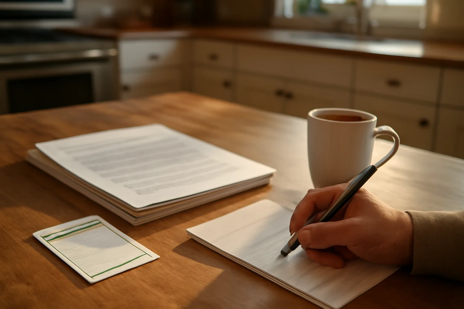 Homeowner reviewing timeshare contract paperwork at a kitchen table with coffee