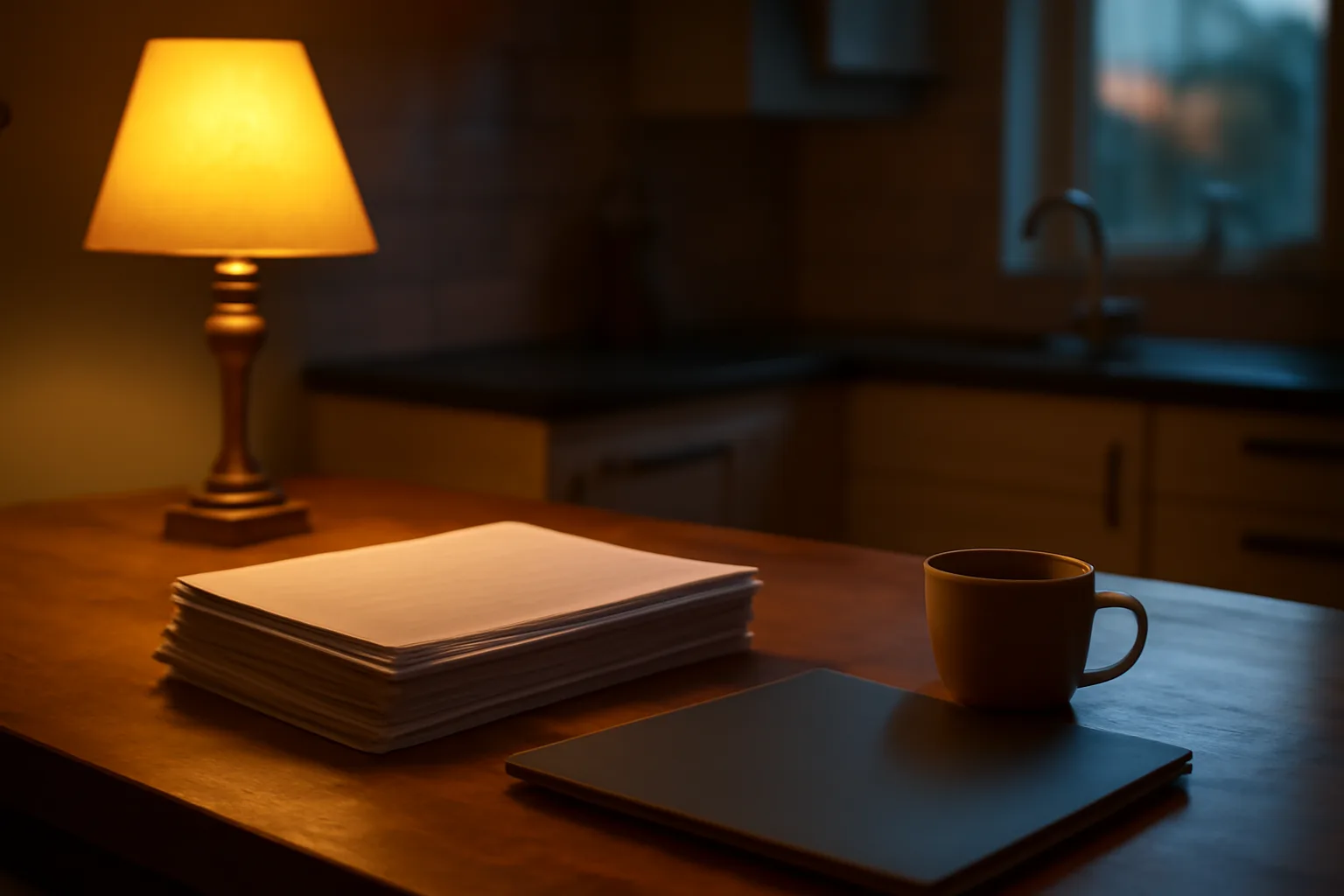 Kitchen table at dusk with paperwork and coffee, someone weighing a timeshare exit decision