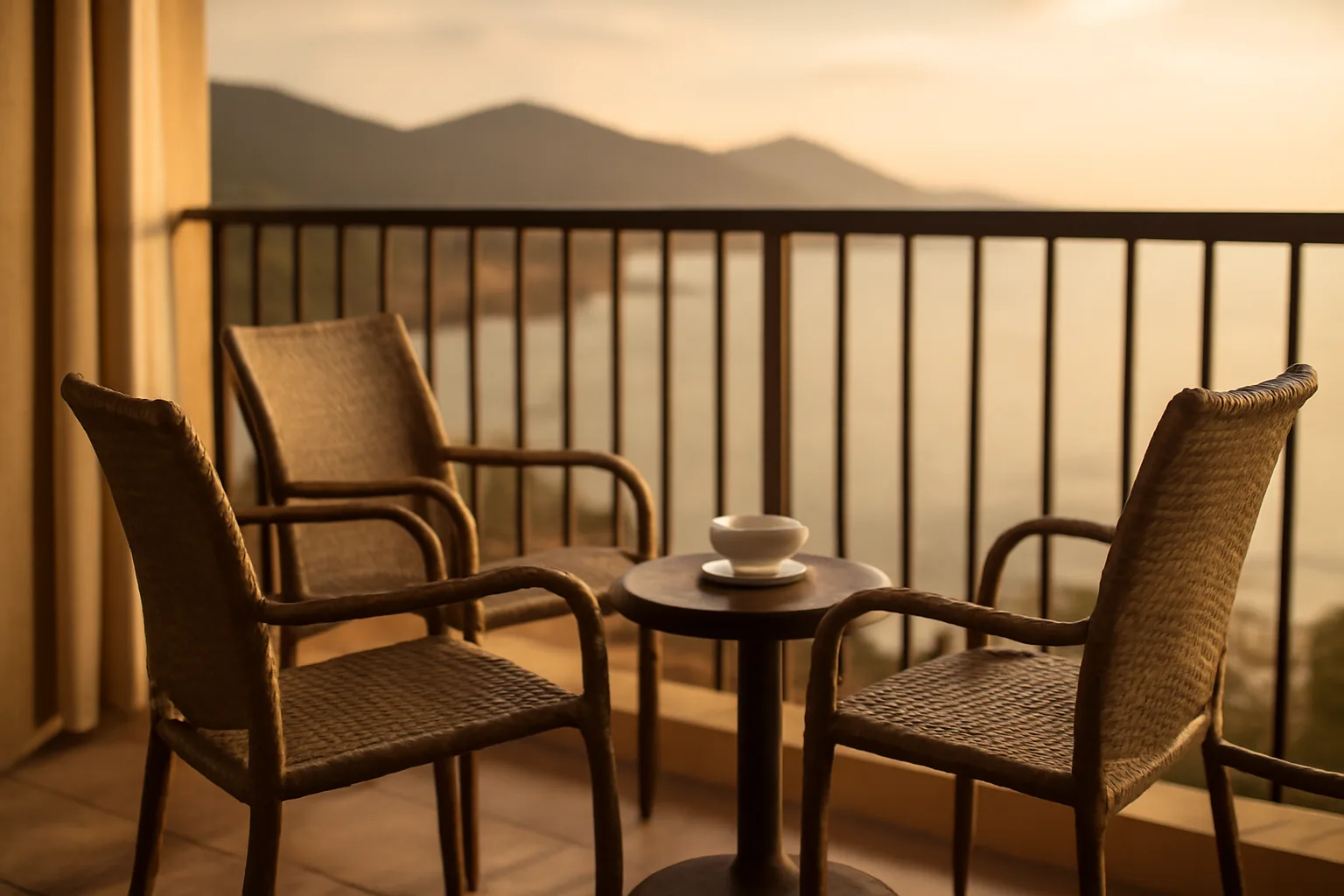 Empty resort balcony at sunset representing a timeshare owner weighing an exit decision